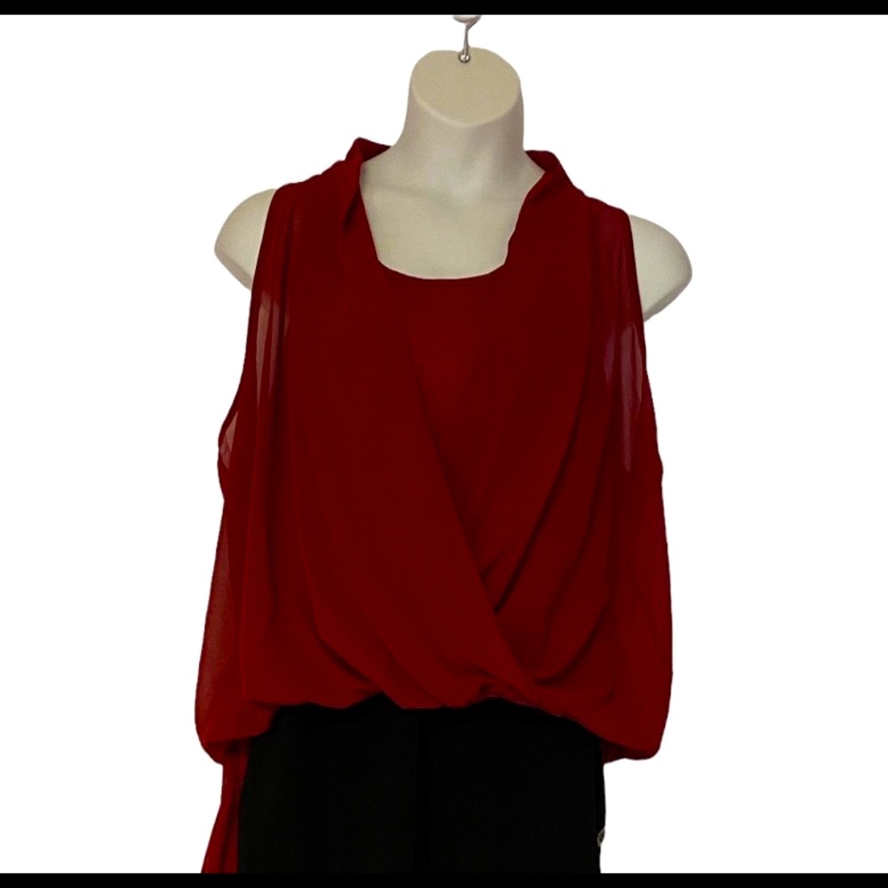 Chiffon Overlay Blood Red Blouse Pin-Up Blouse Tunic Cocktail Party Top size XL - Picture 8 of 14